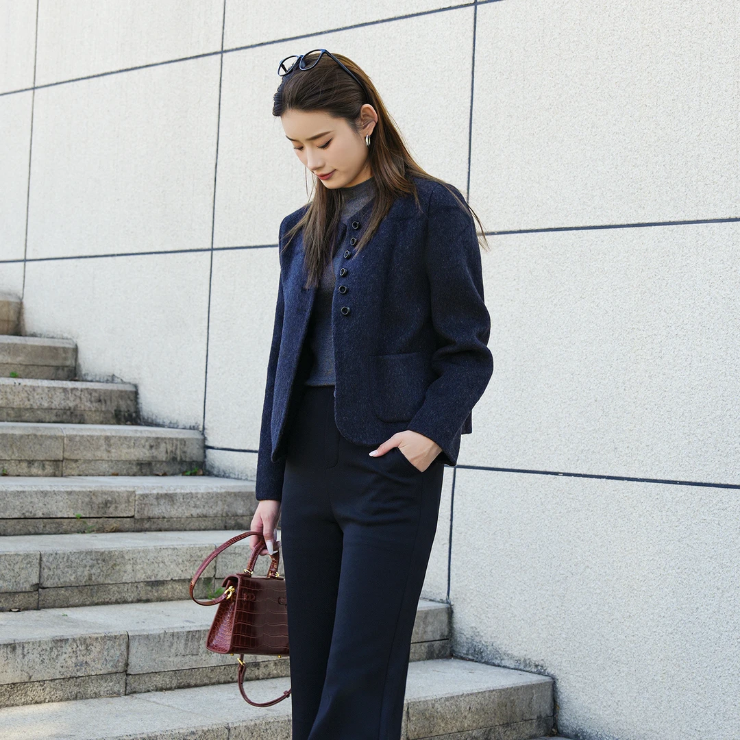 姚领女装冬季短款毛呢羊绒外套时尚气质大衣841M41639秋冬