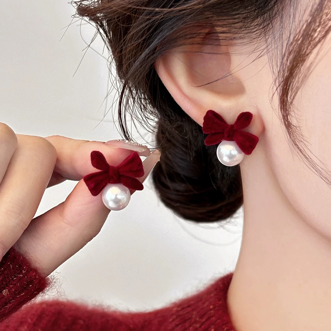合金耳饰 【023】秋冬丝绒蝴蝶结红色耳环独特设计