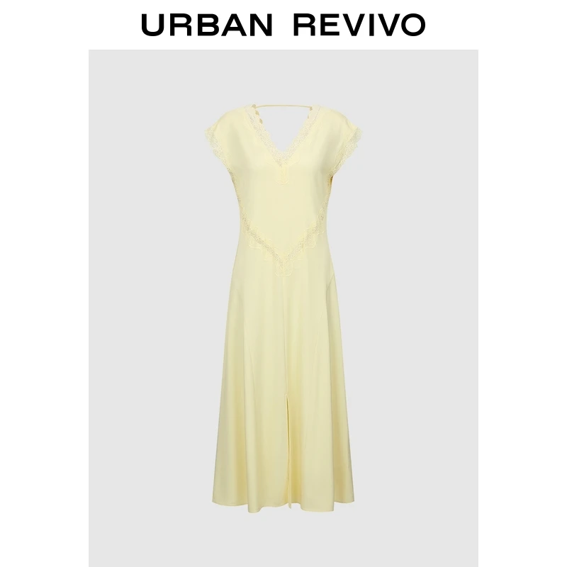 UR2025秋季新款女装法式V领拼接蕾丝开衩连衣裙ULG750006