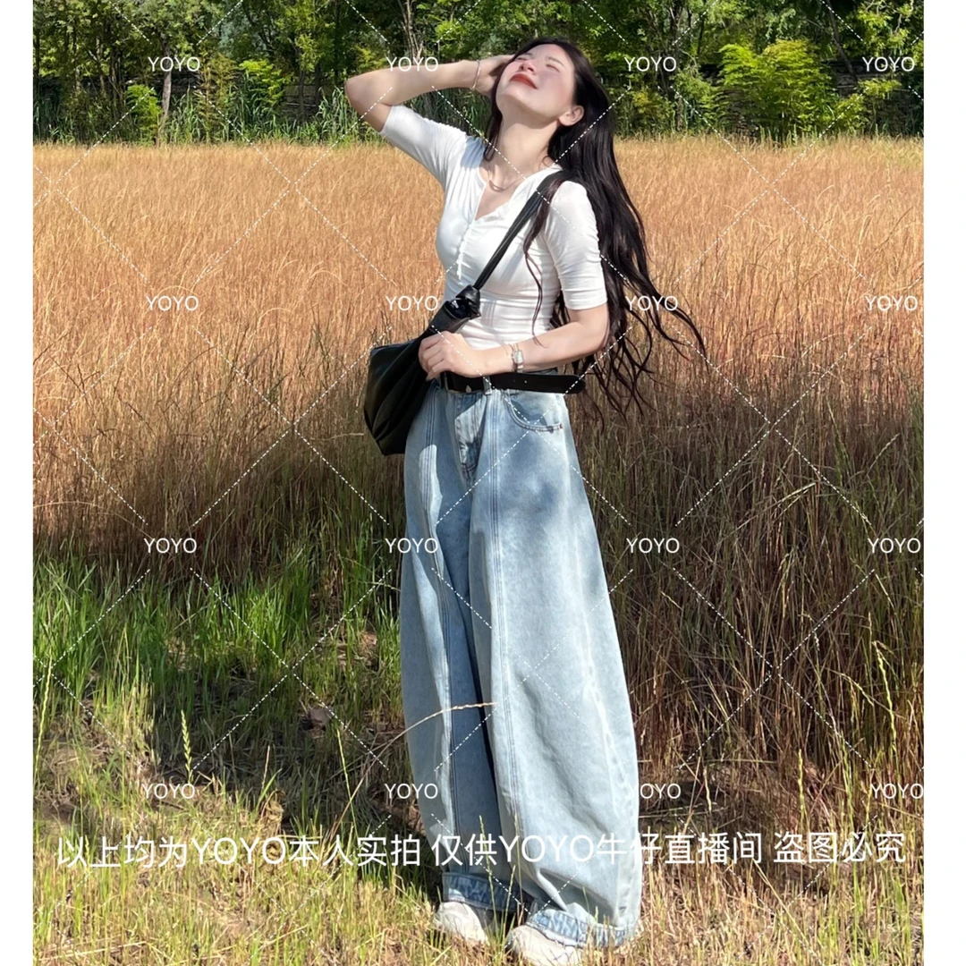 YOYO自制【牛仔气球裤】早秋小众设计感阔腿韩版水洗牛仔阔腿裤