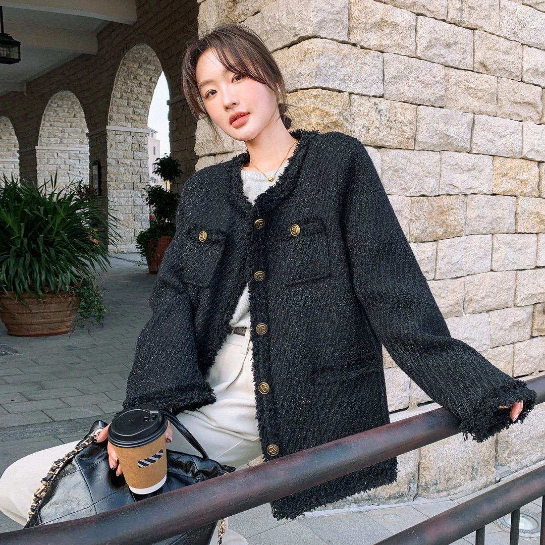 黑色小香风毛边外套女秋季2025新款法式高级感气质小个子减龄上衣
