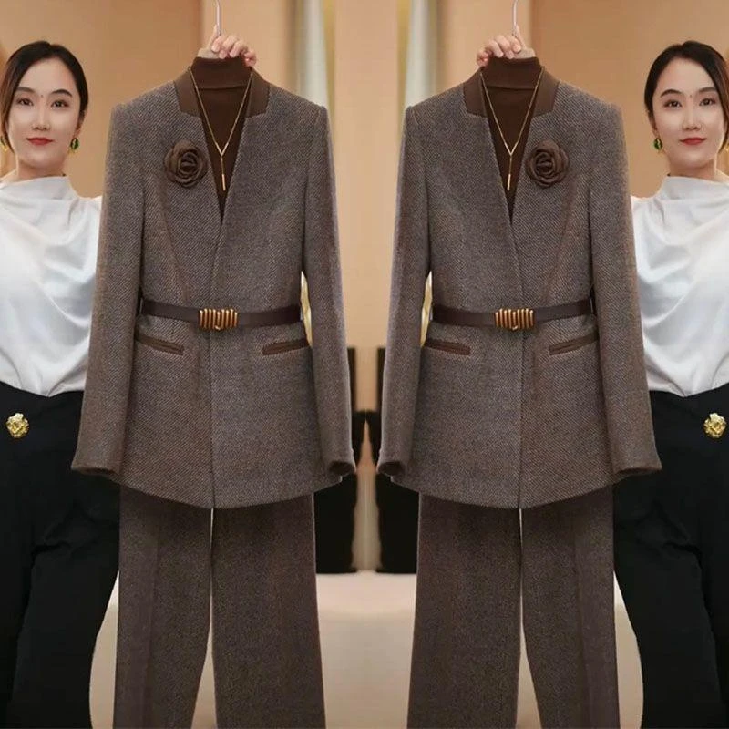 立赐高端网红爆款职业毛呢套装女2025冬季新款通勤显瘦西装阔腿