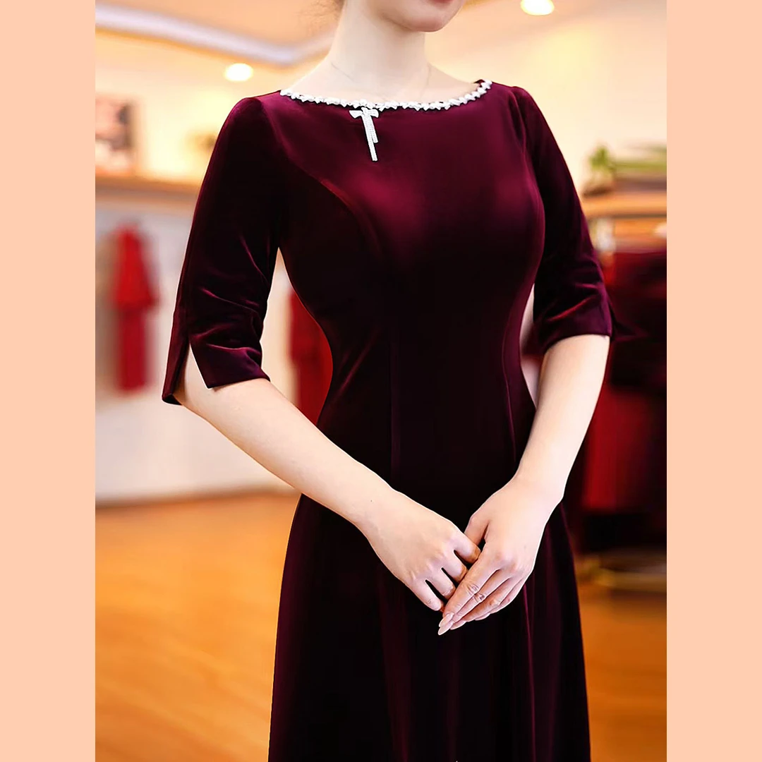 高端金丝绒礼服喜妈妈婚宴装年轻婆婆旗袍敬酒服大码订婚服