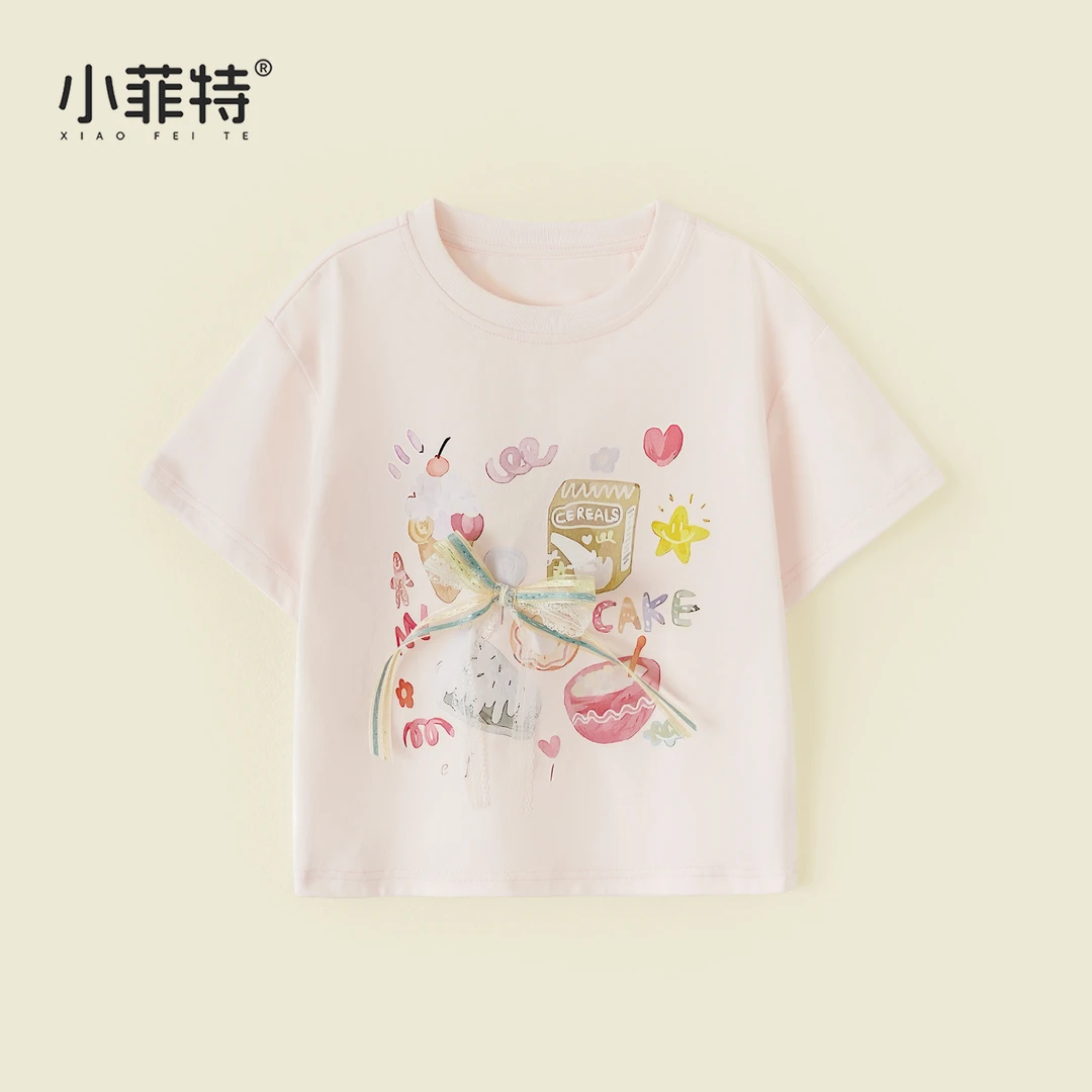 小菲特夏季新款女童洋气立体蝴蝶结短袖t恤儿童时髦半袖BGYX50701
