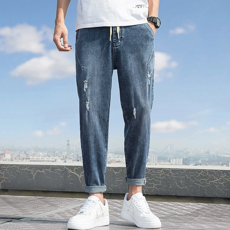 2024夏季大码牛仔裤男士宽松加肥加大休闲九分裤弹力破洞小脚裤男