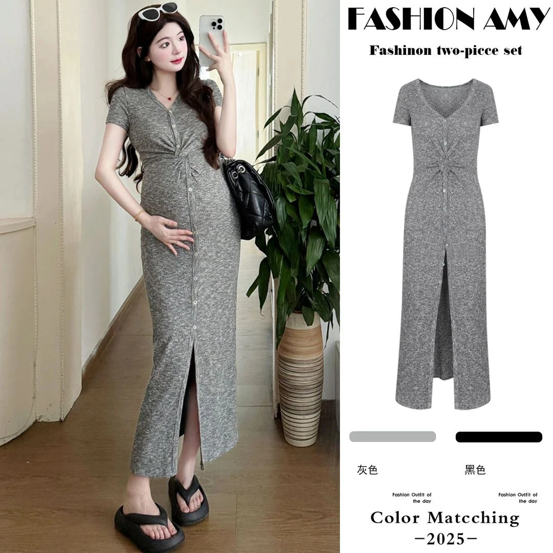 时髦孕妇连衣裙夏季新款时尚韩版气质高级感辣妈显瘦扭结开衫裙子