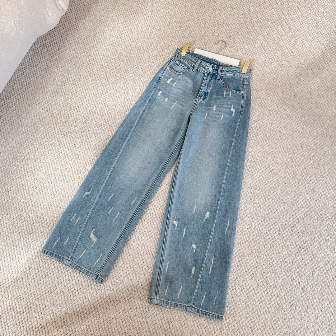 2025春季新款设计感抓痕磨破宽松直筒牛仔裤女显瘦阔腿裤JN7067