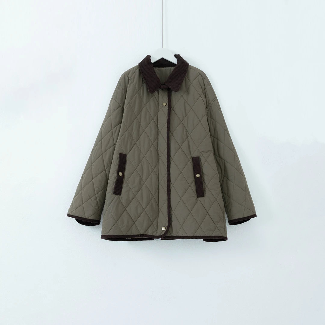 几里与麻 复古文艺灯芯绒拼接格纹棉服 衣长73胸围126 2100328