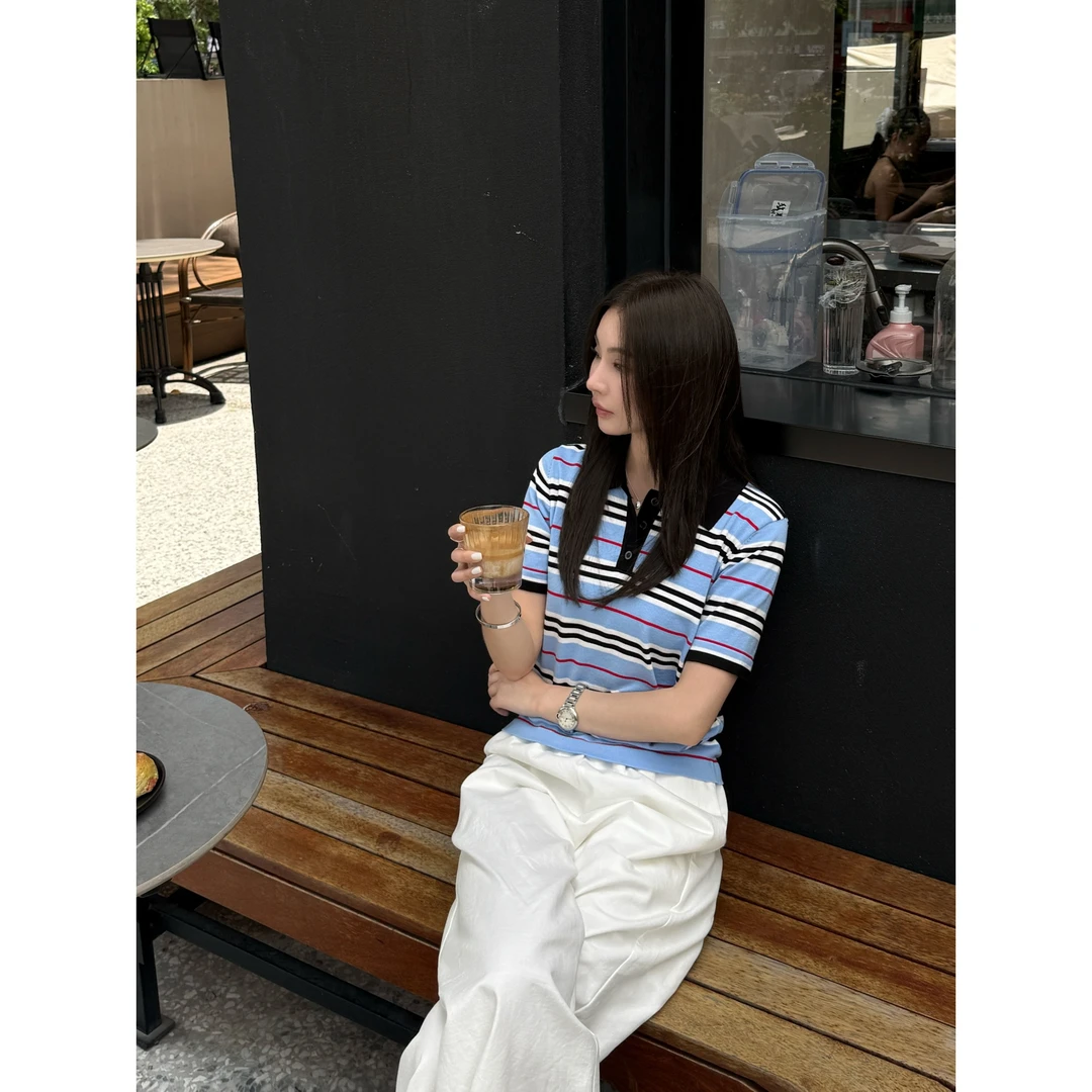 【德鲁纳公园】“T丝衫”老钱设计感撞色条纹POLO领透气舒适T恤21701