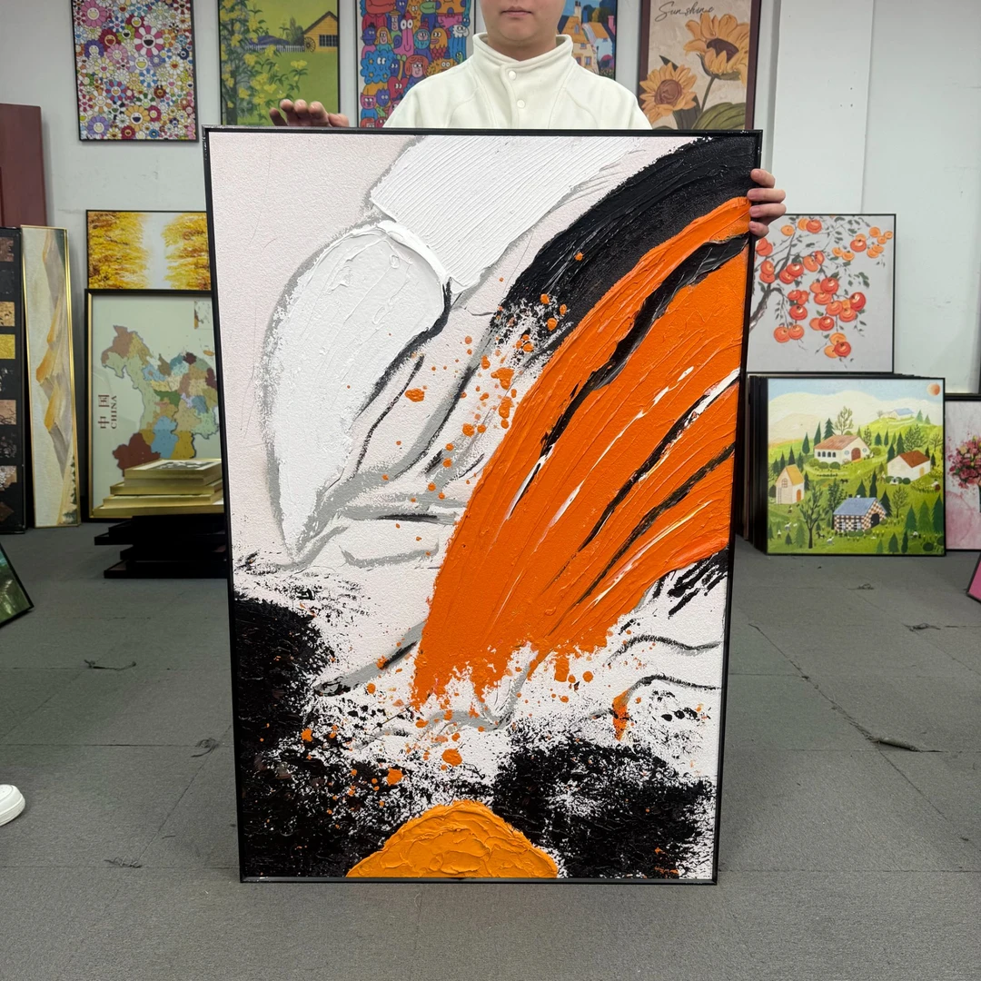 肌理抽象一抹橙简约客厅装饰画走廊过道现代肌理挂画8120