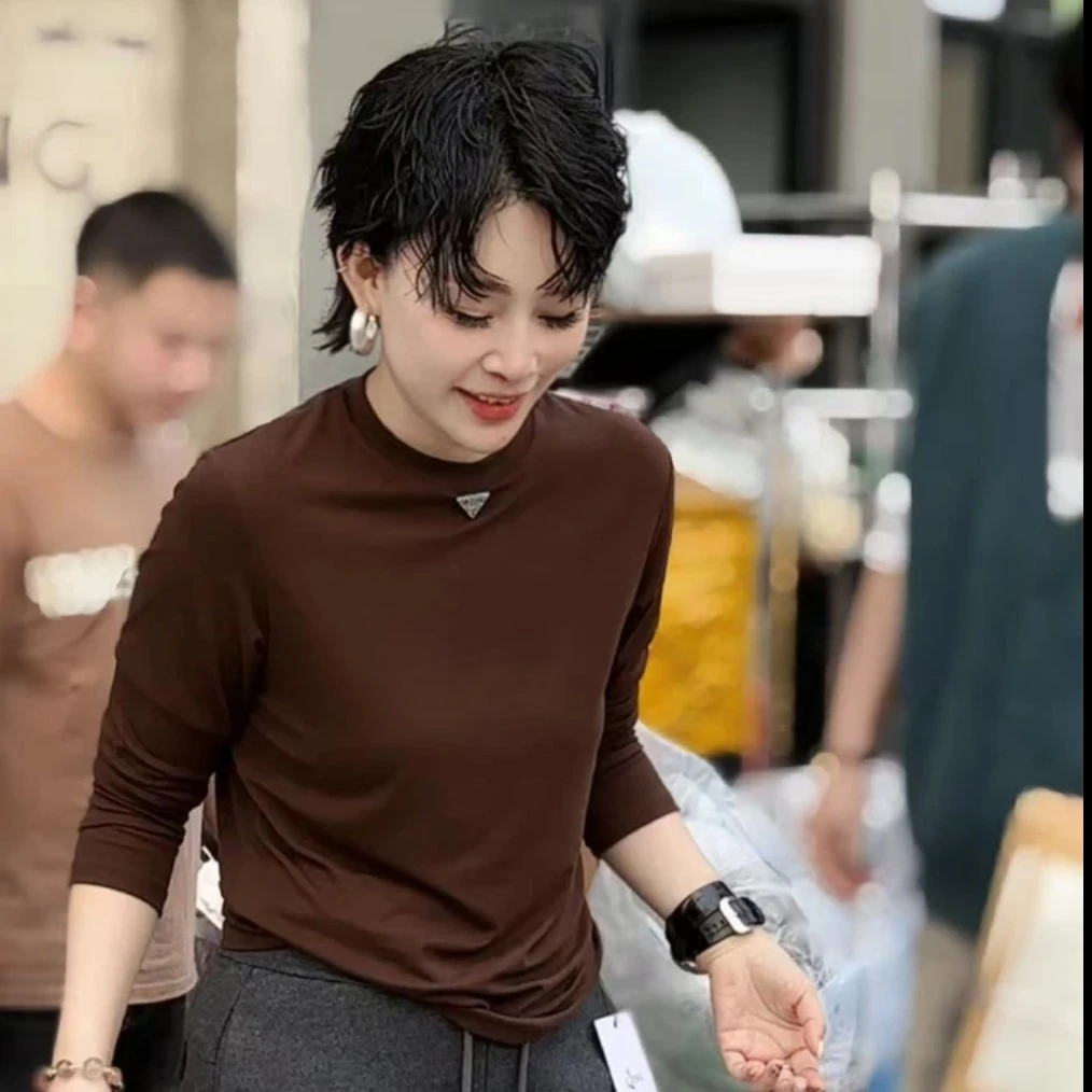 《顶配忘不掉》《自带香味》6587简约T恤长袖休闲上衣时尚打底