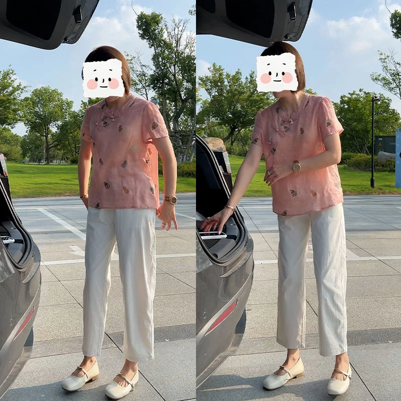 2025夏季高级感时尚中式套装盘扣圆领上衣九分裤气质显瘦两件套