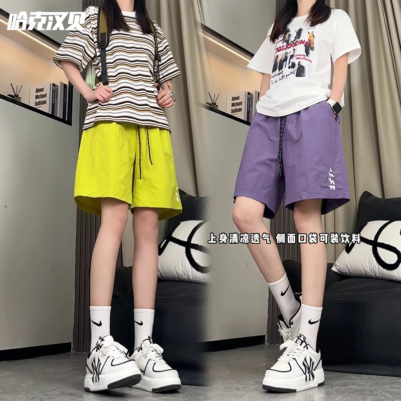 哈克汉贝夏季刺绣速干短裤男女薄款透气五分裤外穿大码冰丝运动裤