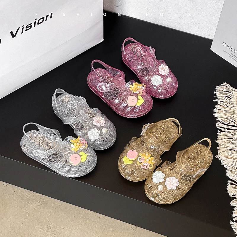 女童凉鞋2025新款韩版小花朵女童水晶凉鞋小女孩凉鞋花花公主鞋