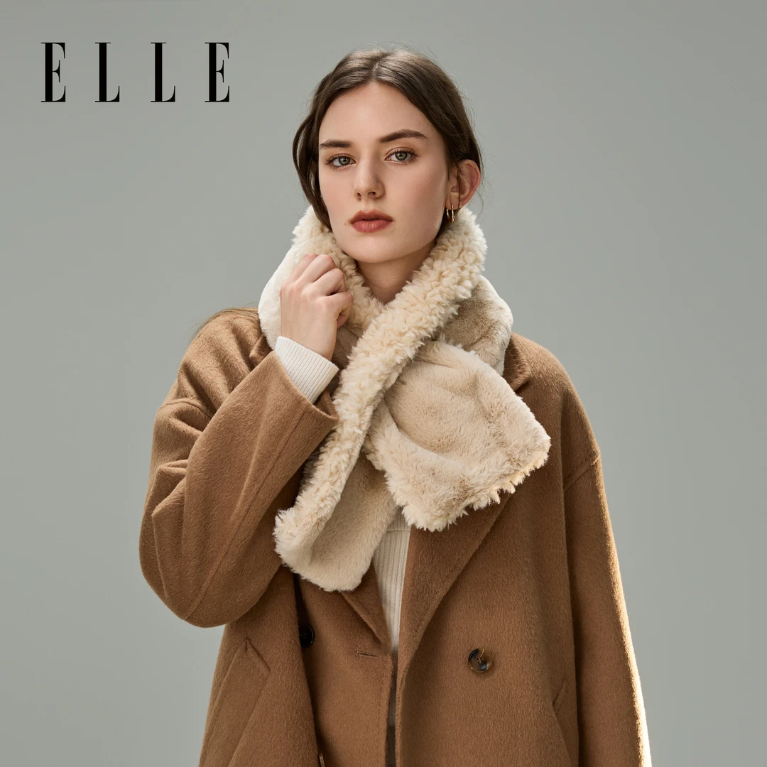 ELLE【专属】毛绒双面围巾秋冬户外保暖皮标百搭护颈围脖36WE23010