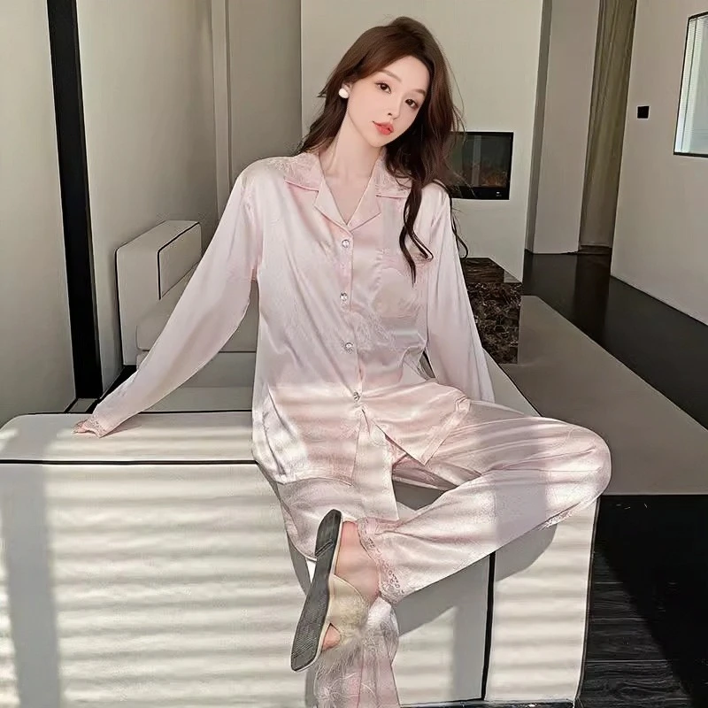 春季新款柔光软丝休闲睡衣两件套宽松舒适纯色睡衣女可外穿家居服