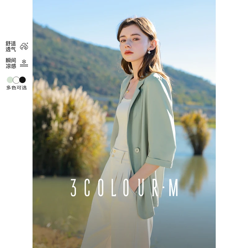 【凉感透气小西装】三彩2025夏季新款正肩西服户外穿搭开衫外套女M