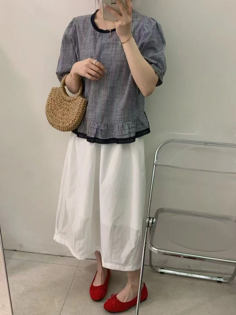 712下摆花边格子小衫夏季休闲百搭时尚气质