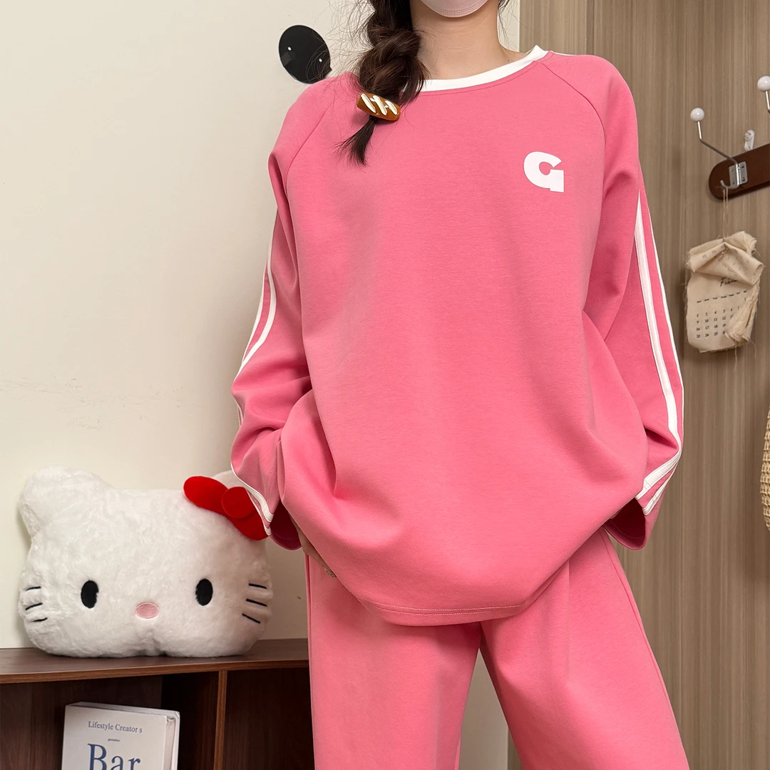 纯棉睡衣女春秋季长袖大码2025年新款可外穿粉色字母G家居服套装