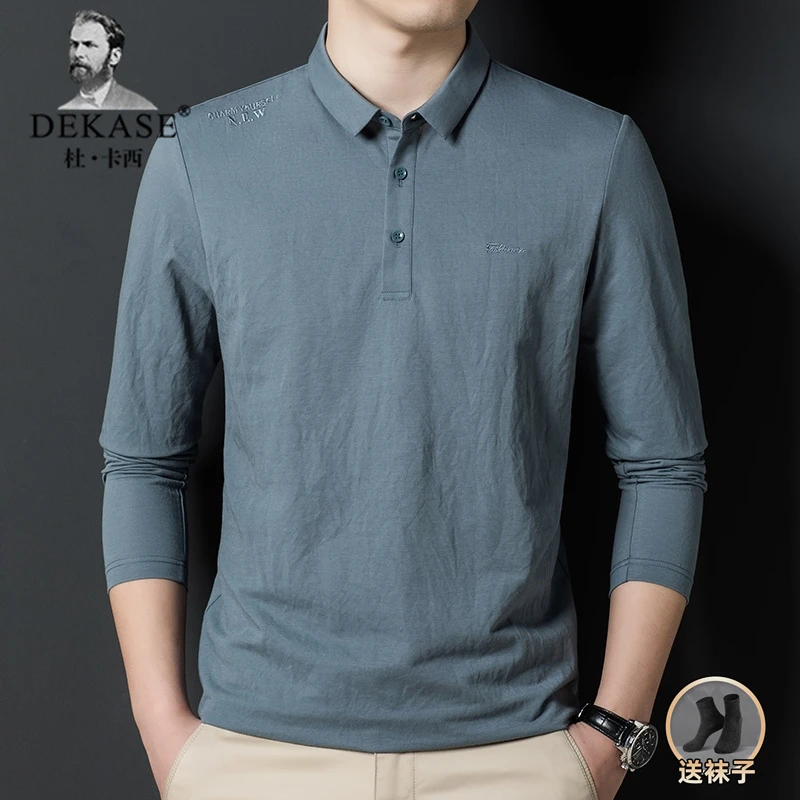 Dekase 男长袖薄领Polo衫中年翻领爸爸上衣纯色打底T恤商务男士