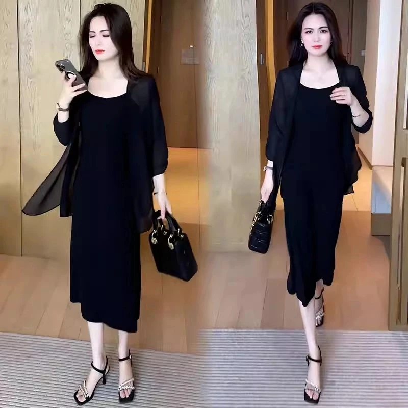 时尚连衣裙套装女2025夏季新款洋气显瘦防晒外披搭配吊带裙一整套