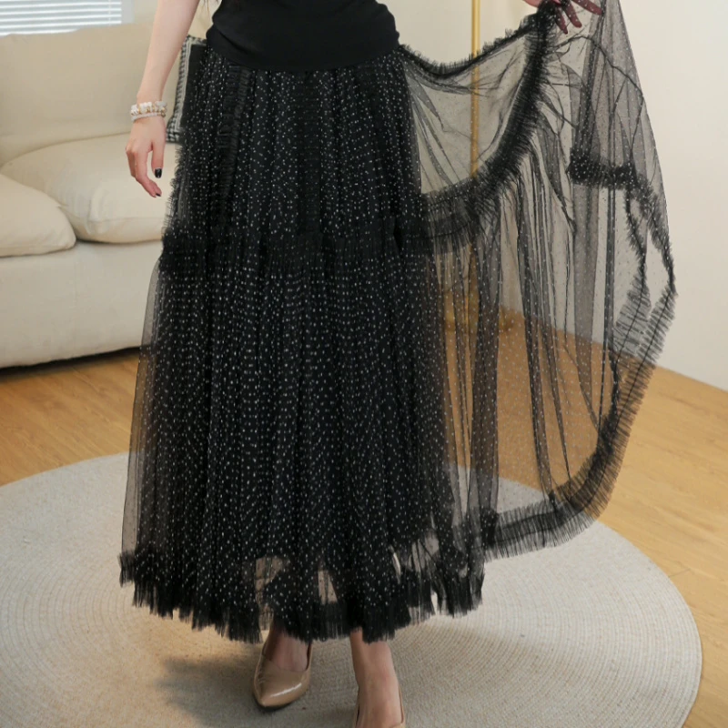 ADOKI原创设计黑色圆点蕾丝裙百搭中长款遮肚半身裙Q1116