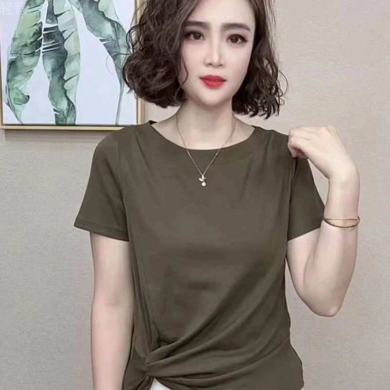 纯棉短袖时尚女装恤夏季新款女士不规则褶皱小衫设计感上衣