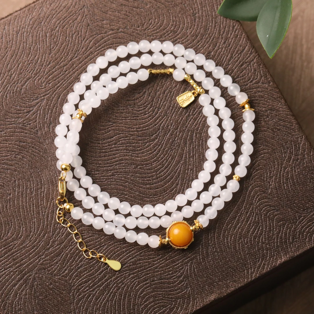 正宗新疆和田玉天然白玉项链卡4mm白玉蜜蜡珠链款女款ZB0020