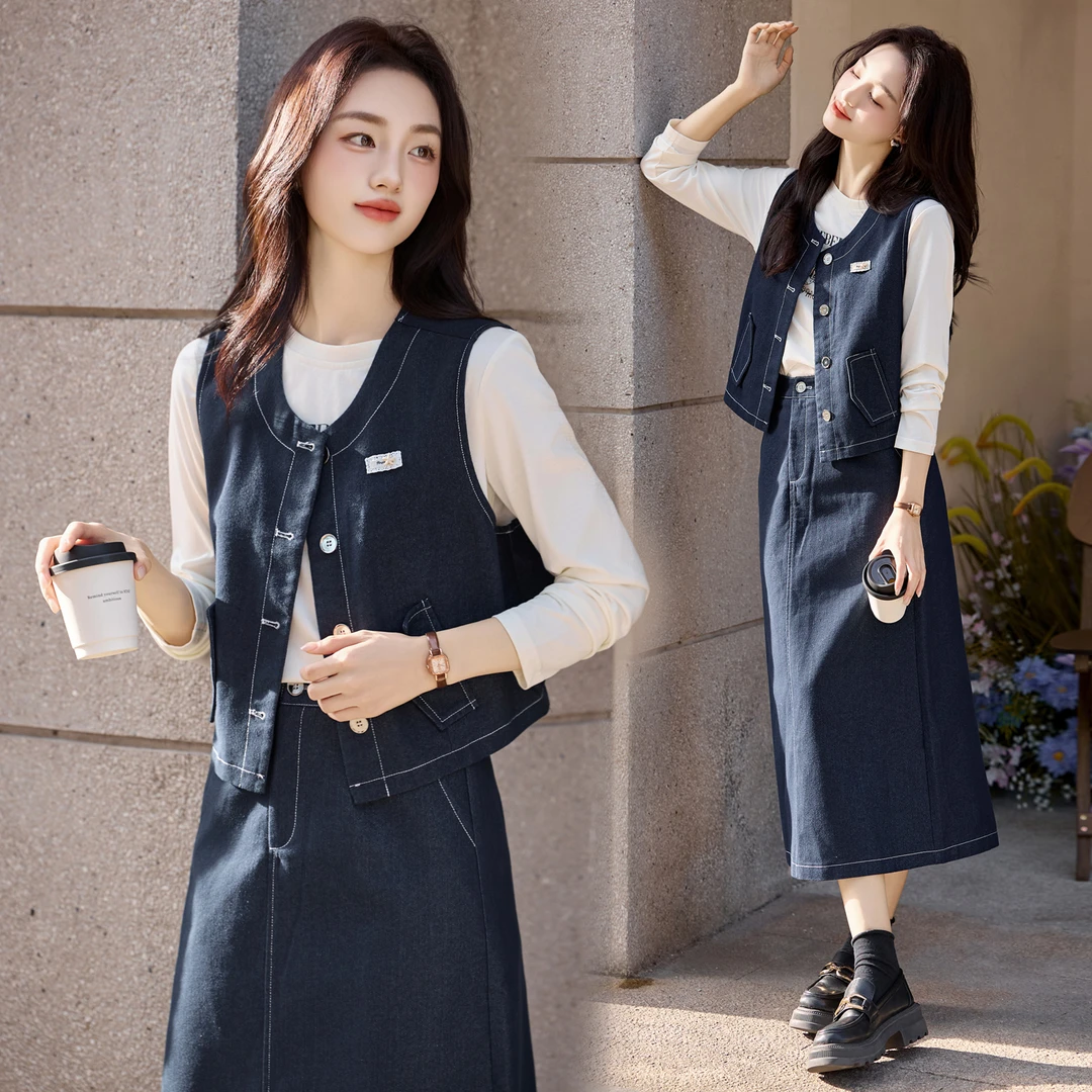韩版穿搭一整套牛仔套装女2025春秋新款休闲马甲T恤半身裙三件套