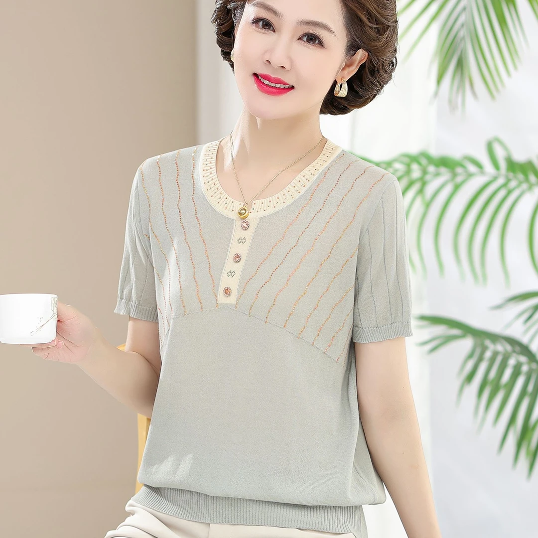 时尚妈妈夏装冰丝短袖中老年女圆领上衣洋气中年妇女冰丝T恤衫薄