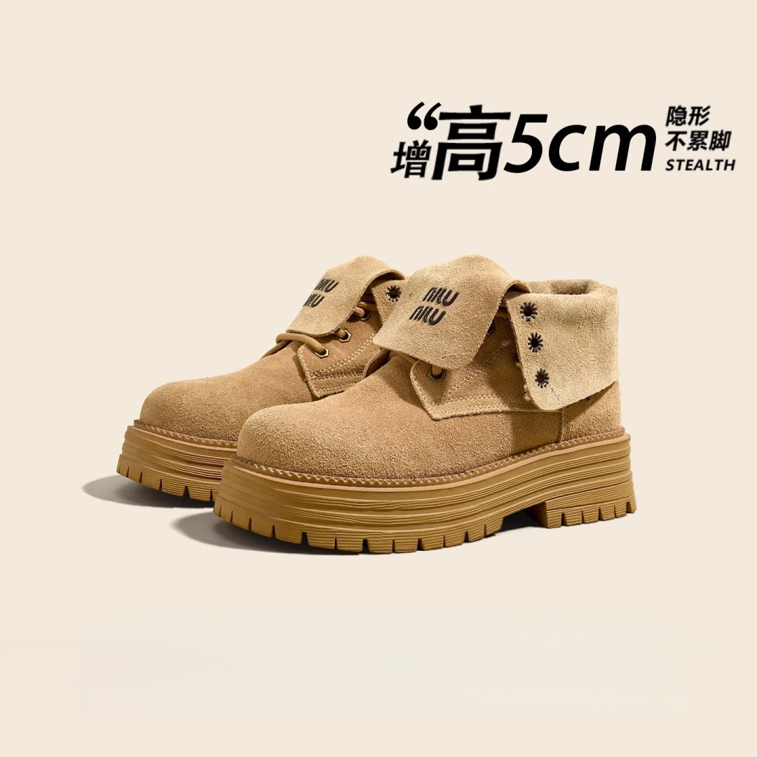 给足小个子自信~英伦风马丁靴女款2025秋新款翻领复古厚底大黄靴
