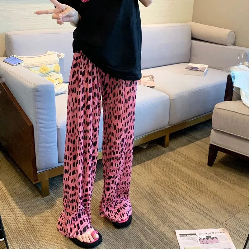 豹纹阔腿裤女2025夏季新款压褶裤时尚百搭休闲裤高腰垂感拖地长裤