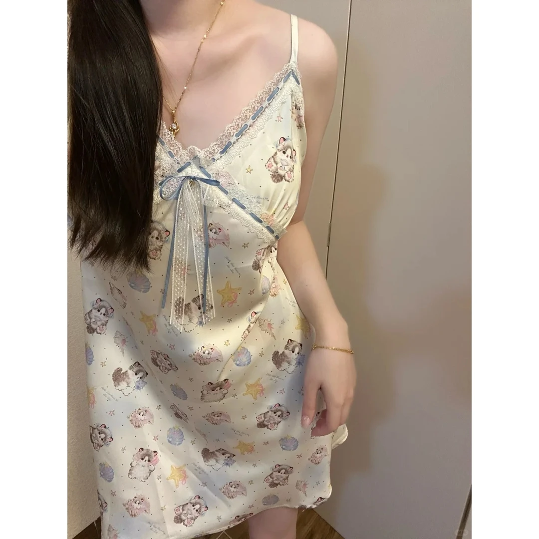 【卡通猫咪】带胸垫蕾丝边设计甜美吊带睡裙女夏新款家居冰丝连衣裙
