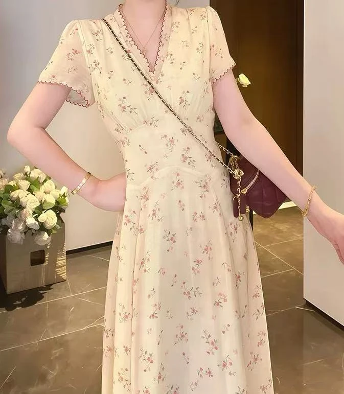 【高个子定制】森系度假短袖长期复古碎花连衣裙