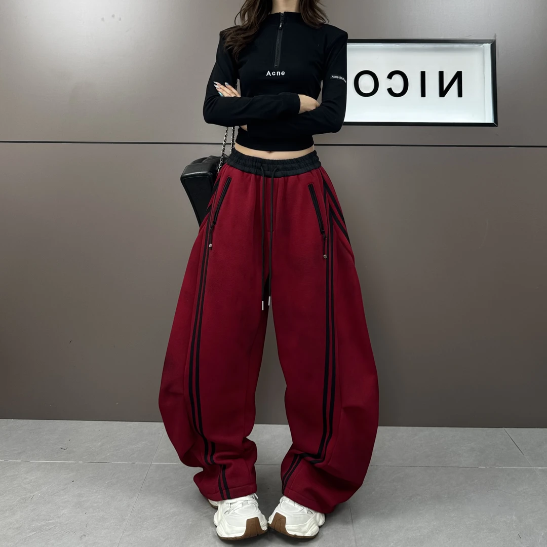 2025年冬季加绒扎染新款拼色腰头阔腿弯刀裤