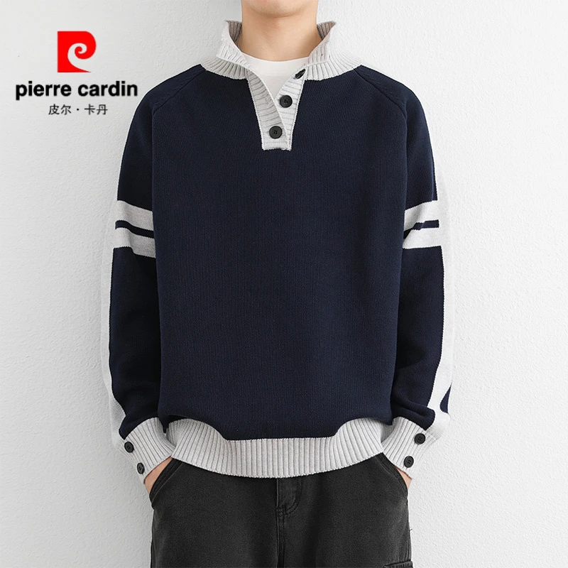 皮尔卡丹秋冬半高领纽扣拼色加绒针织衫男士潮流休闲撞色百搭长袖