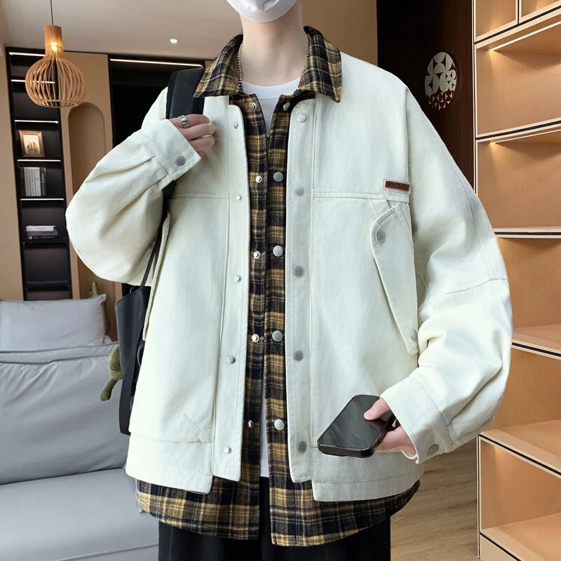 2025春秋款假两件牛仔外套男生青少年潮牌帅气翻领夹克衫大童学生