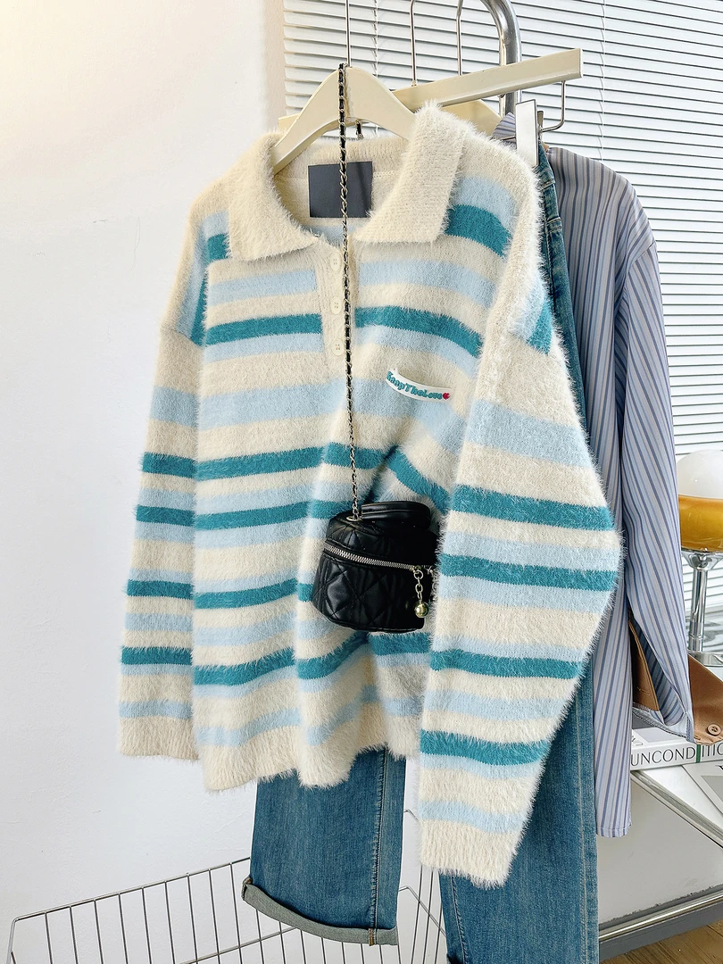 秋冬绒感仿貂毛polo领软糯蓝色条纹毛衣男女情侣慵懒日系针织上衣