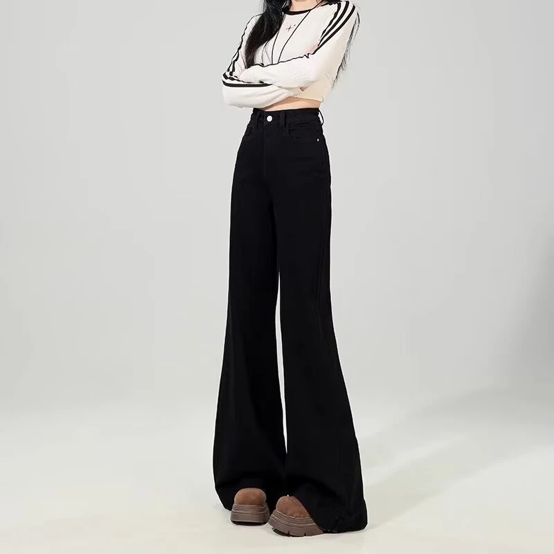 黑色宽松微喇叭牛仔裤女春秋新款大码胖mm高腰显瘦窄版拖地马蹄裤
