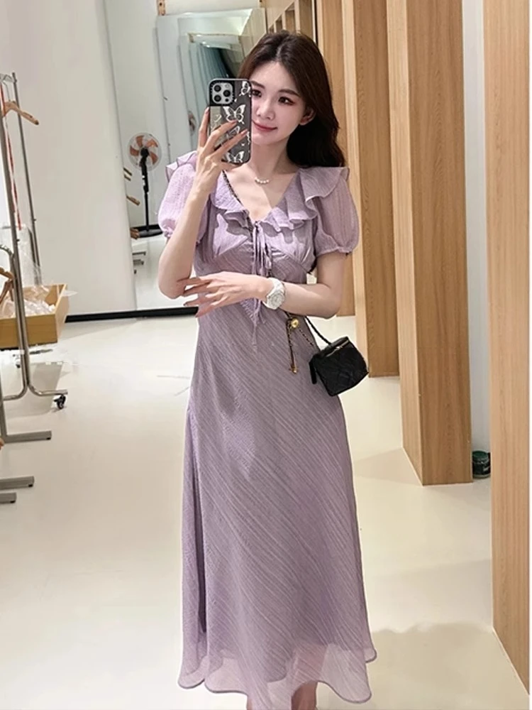 纯欲温柔荷叶边V领短袖连衣裙女夏季新款高级感气质修身显瘦长裙