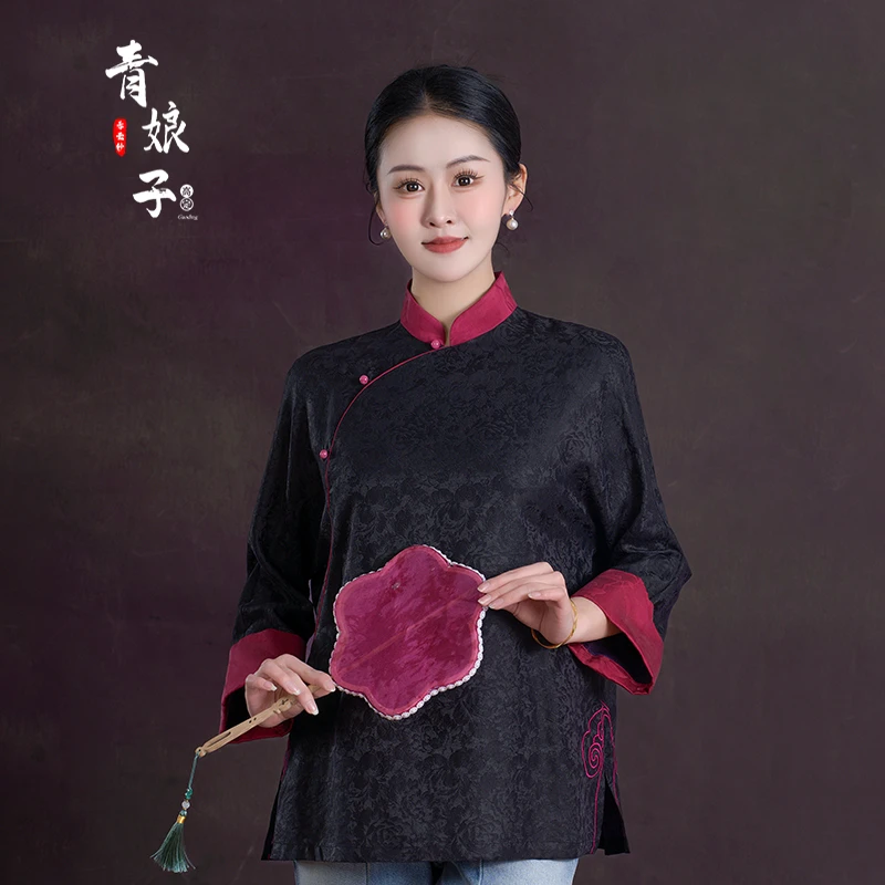 青娘子香云纱（寒云）重缎提花拼接新中式日常中国风套头上衣-50305