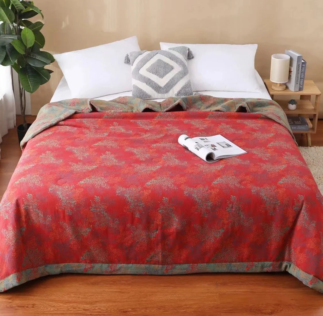 【烟花红色双层纱夏被】全棉A类母婴级双层纱夏凉被空调被可机洗