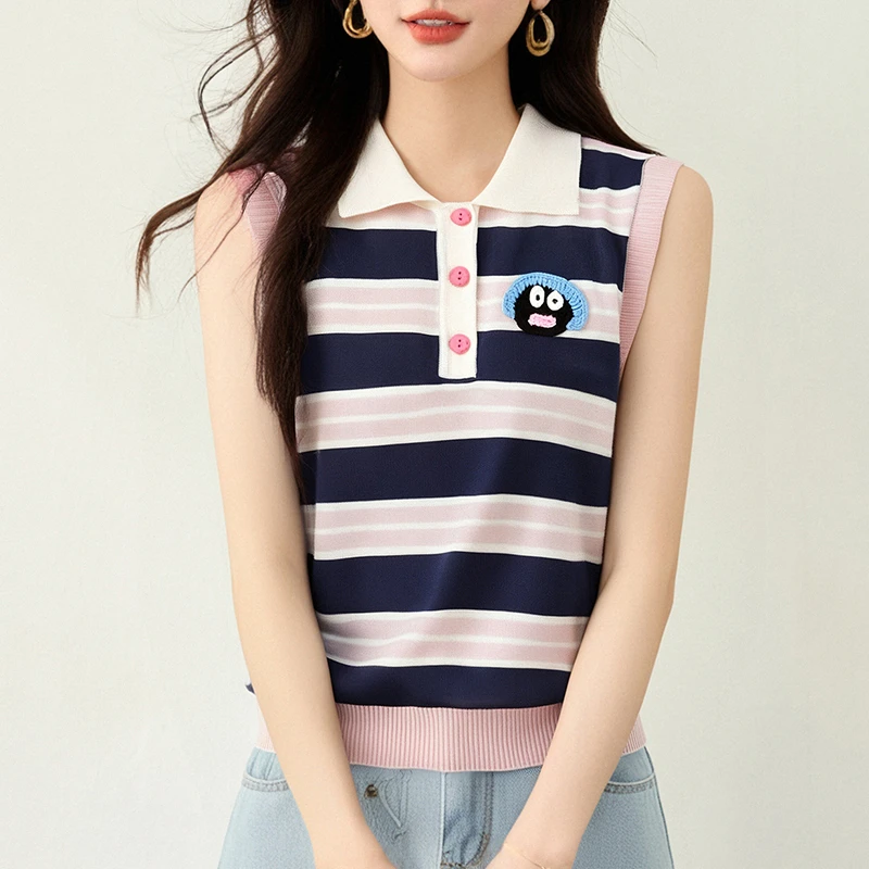 学院风撞色条纹无袖针织背心女2025夏季新款韩版减龄短款T恤上衣