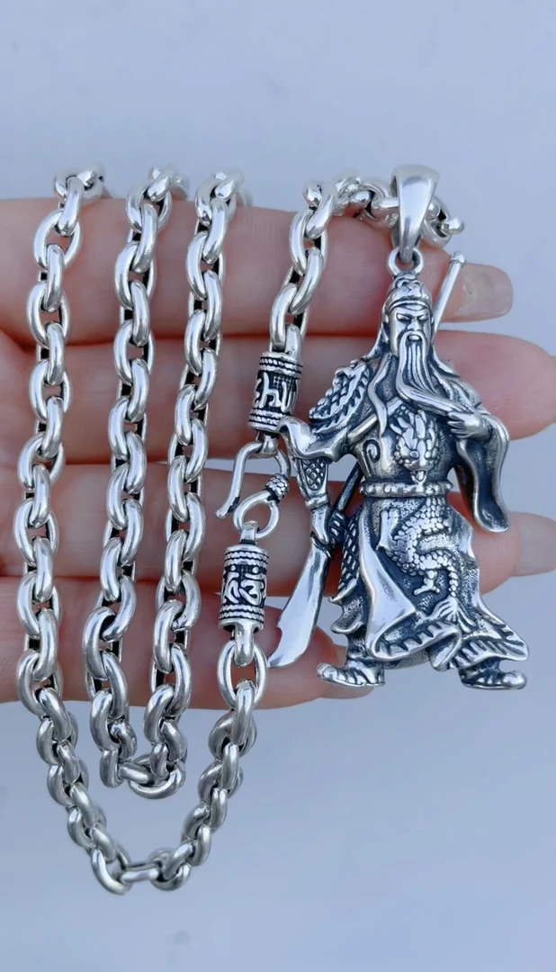 吊坠足银 足银关公吊坠足银999 O字链 S925银麻绳项链复古时尚