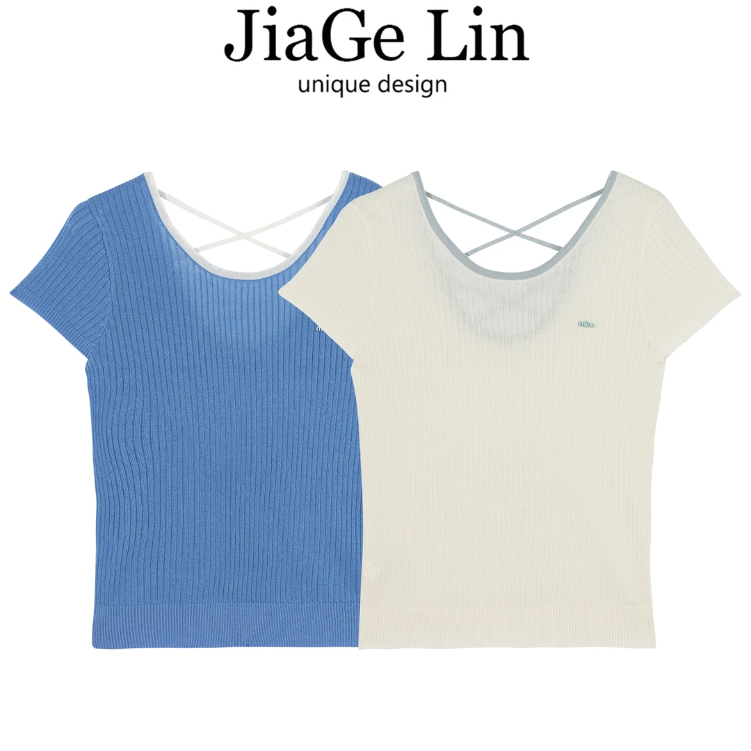 JiaGeLin韩系时尚百搭交叉露背T恤圆领显瘦小衫女夏气质短袖上衣