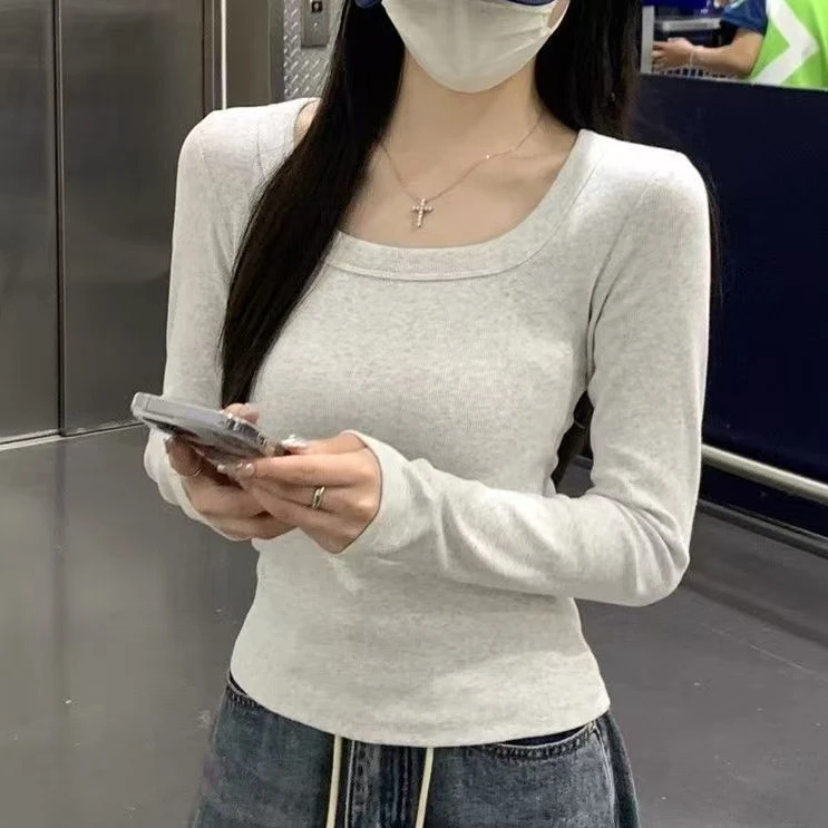 黑色正肩方领春秋支棉内搭螺纹打底衫外穿修身潮流T恤长袖上正品