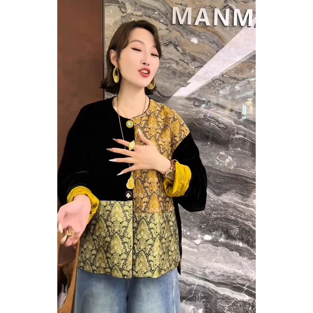 曼总私服欧洲站2025新款女秋季宽松洋气时尚百搭圆领拼色国风外套