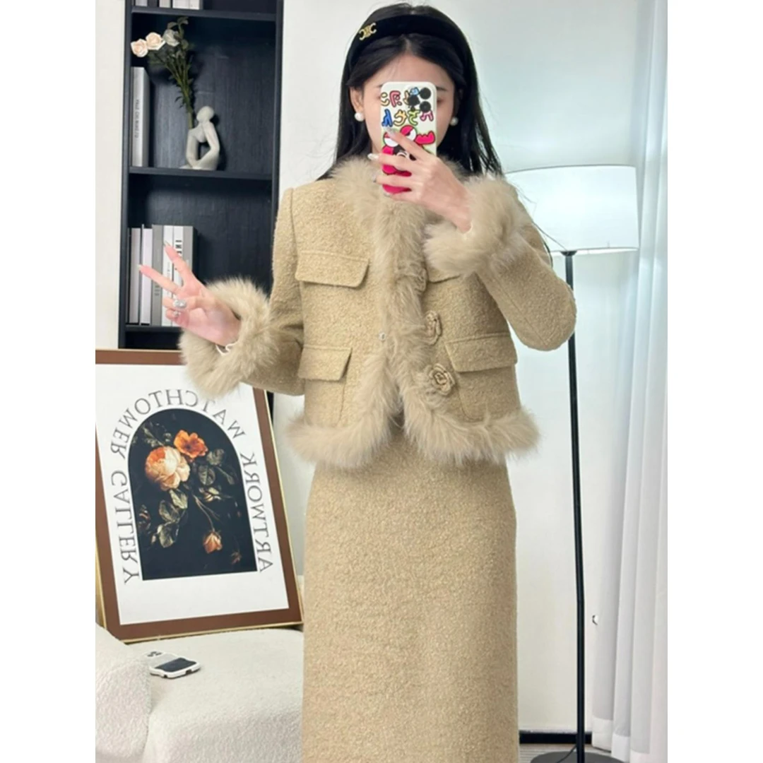 小香风羽绒服套装女秋冬白鸭绒加厚保暖狐狸毛短外套半身裙两件套