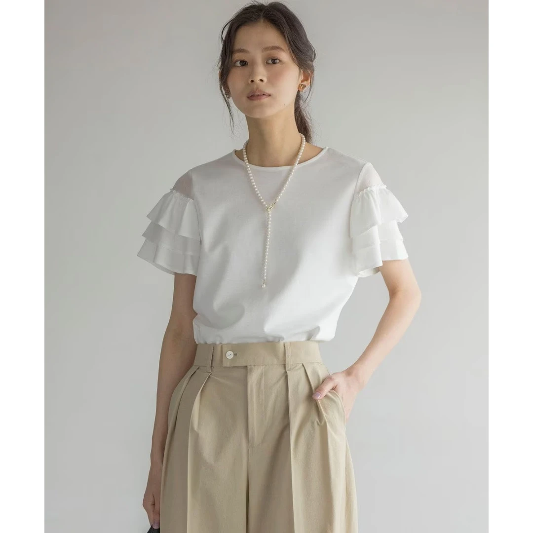 【MonTendre】夏季新款 S 百搭洋气褶皱分层荷叶喇叭短袖套头上衣