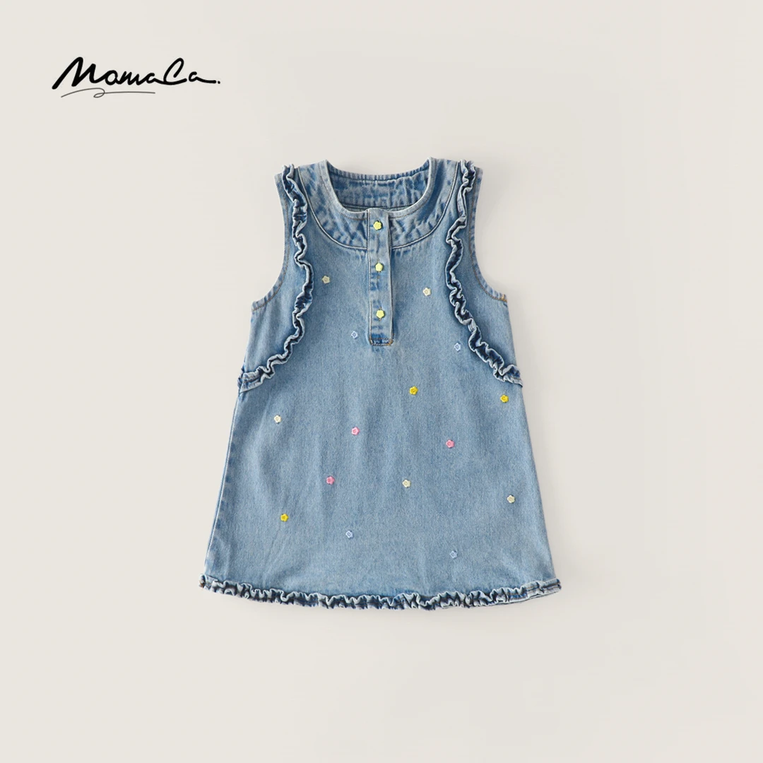 MOMOCO夏季新款女童花边牛仔裙无袖连衣裙77620475001